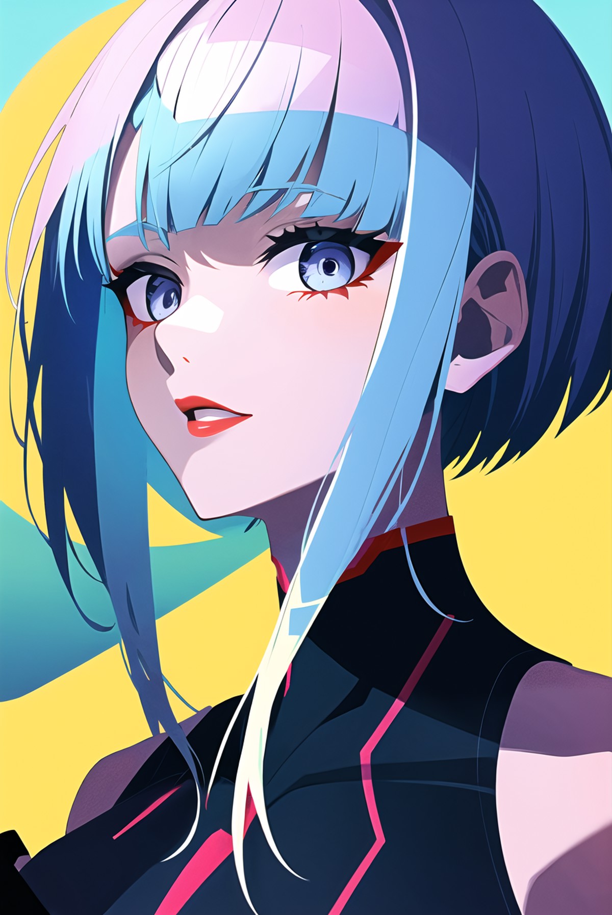 lucy \(cyberpunk\), 1girl, arm up, bangs, blue hair, colored tips, full moon, grey eyes, jacket, long sleeves, looking at ...